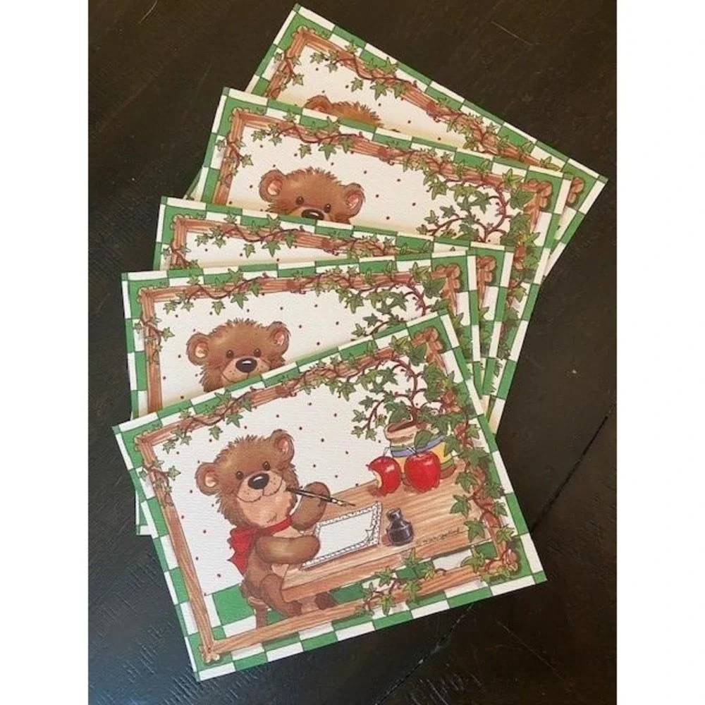 Suzy's Zoo Vintage 1994 Bear Writing Note Cards Set of 5 Blank Stationery Green